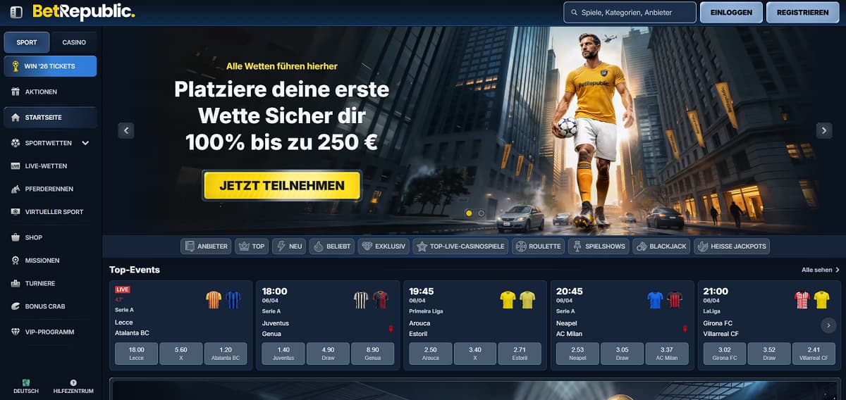 Betrepublic überzeugt im Vergleich der online casino schweiz durch die Zusammenarbeit mit dutzenden renommierten Software-Studios und einen besonders hürdenfreien Einstieg dank einer Mindesteinzahlung von nur 10 Euro.